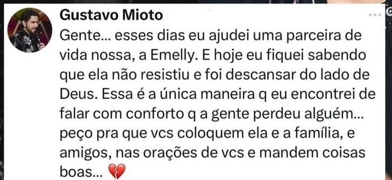 Gustavo Mioto lamenta falecimento de jovem Emelly de Roraima e presta homenagem